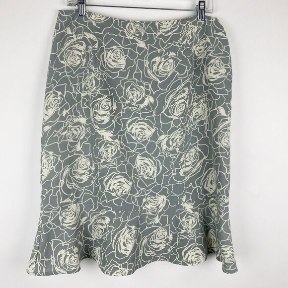 Tailor B Moss Gray Ivory‎ Rose Print Knee Length Tulip Hem Skirt Women Size 10 - Picture 1 of 3